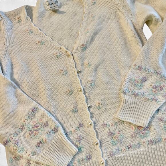 Vintage Margules Embroidered Floral Knit Cardigan Ramie Cotton Sweater Small - Picture 4 of 6
